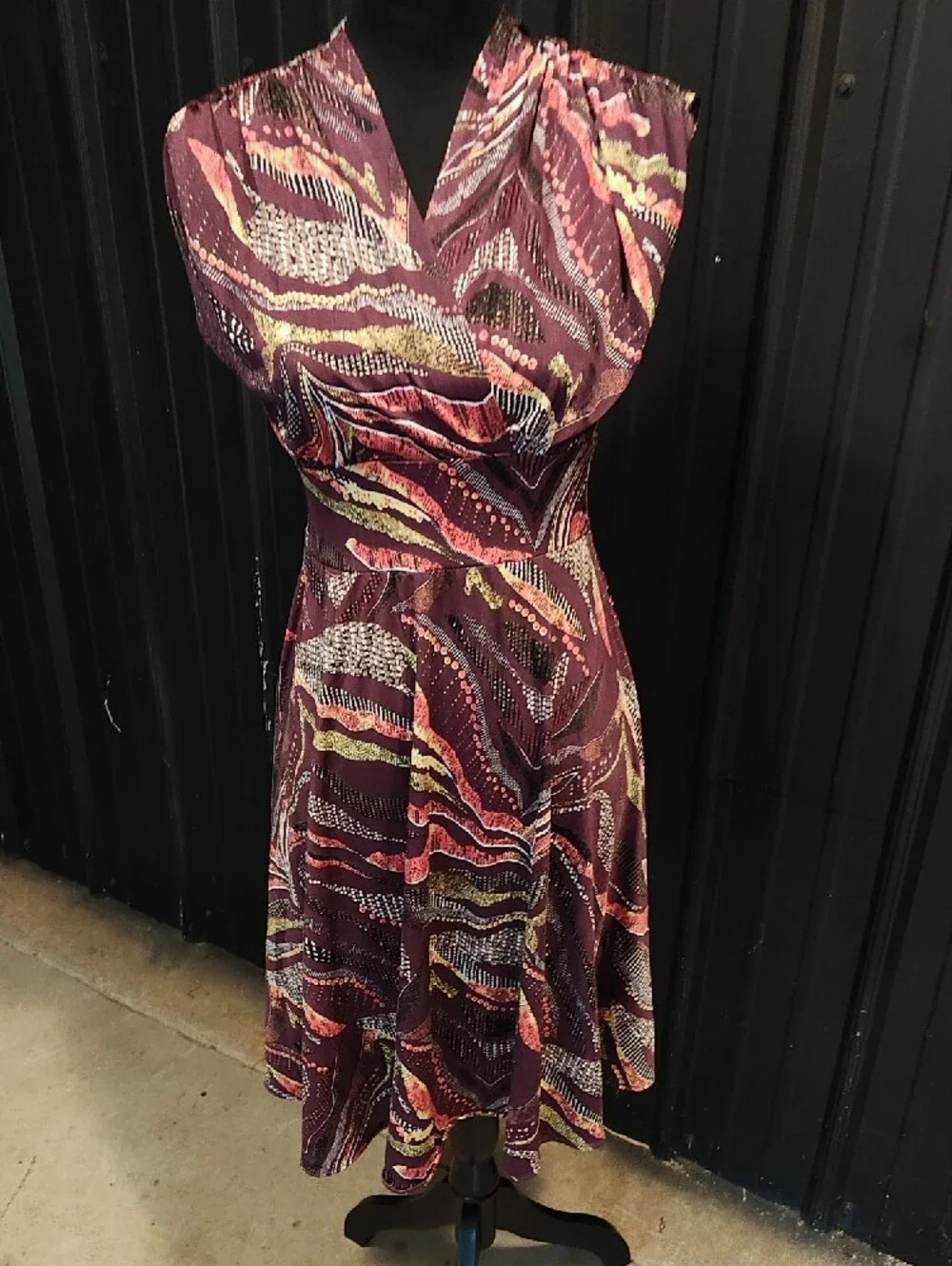 Karina Grimaldi Burgundy Printed Wrap Midi Dress with Pink and Cream Accents